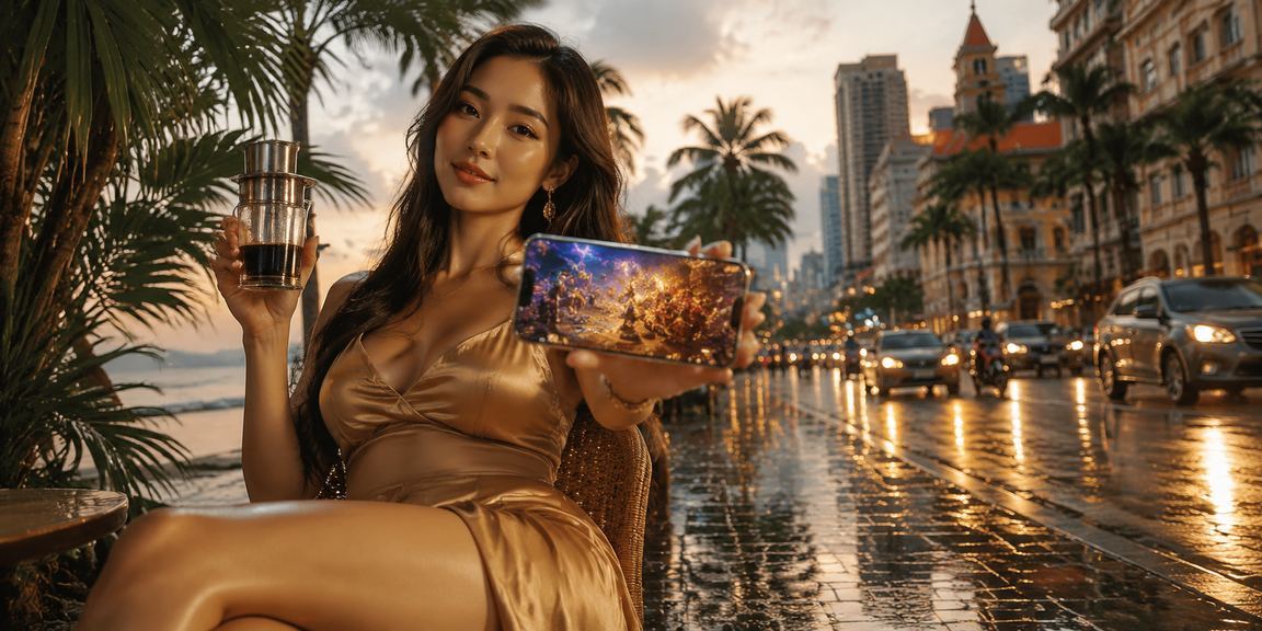 Người dùng TP.HCM uống cà phê và trải nghiệm nền tảng VIP 3070 trên điện thoại